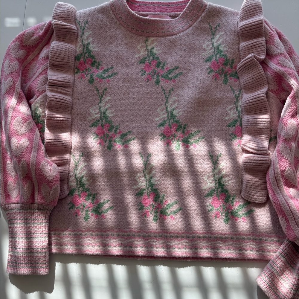 Floral Pink Sweater with Ruffle Sleeves